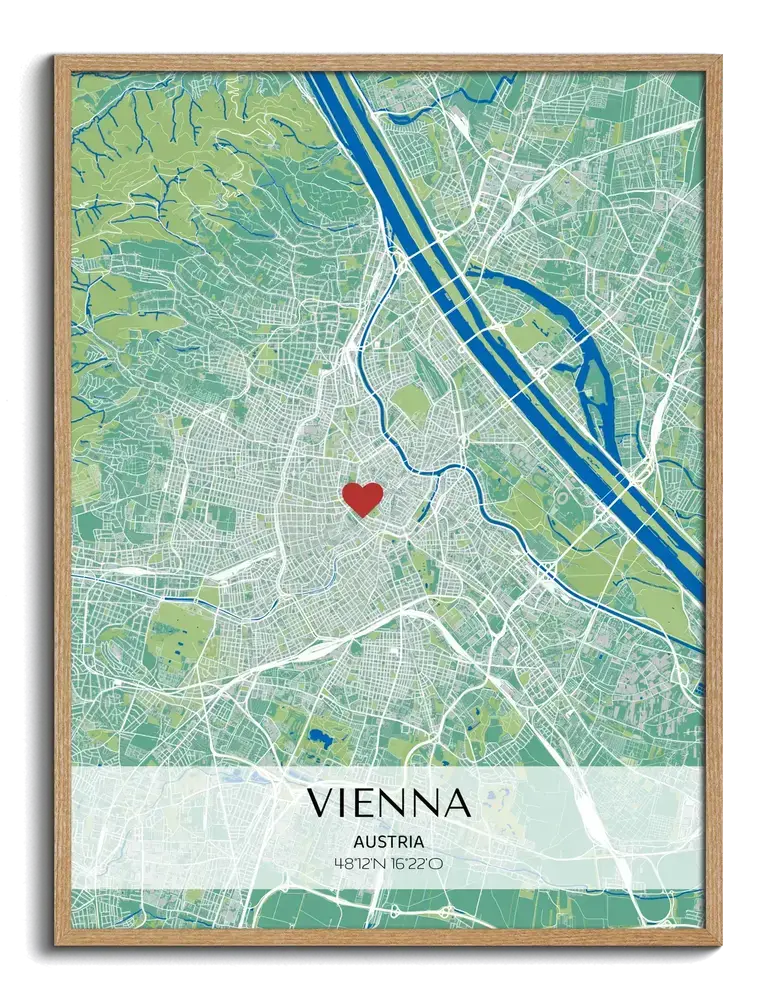 Custom city map poster in green and blue with a red heart and coordinates on a light banner, framed in natural wood