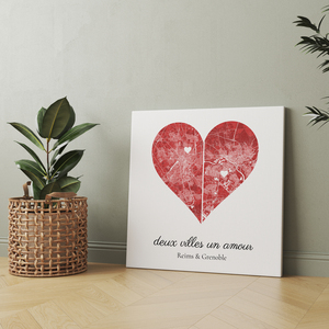 Carte personnalisée en cœur : Deux villes, un amour - Pour couples en relation à distance
