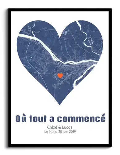 Carte de ville personnalisée en cœur "Là où tout a commencé" - Cadeau pour couples