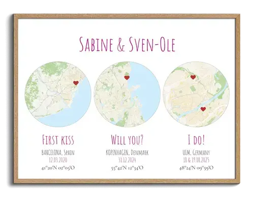 Personalized Triple City Map Poster – design yours, wedding & anniversary gift